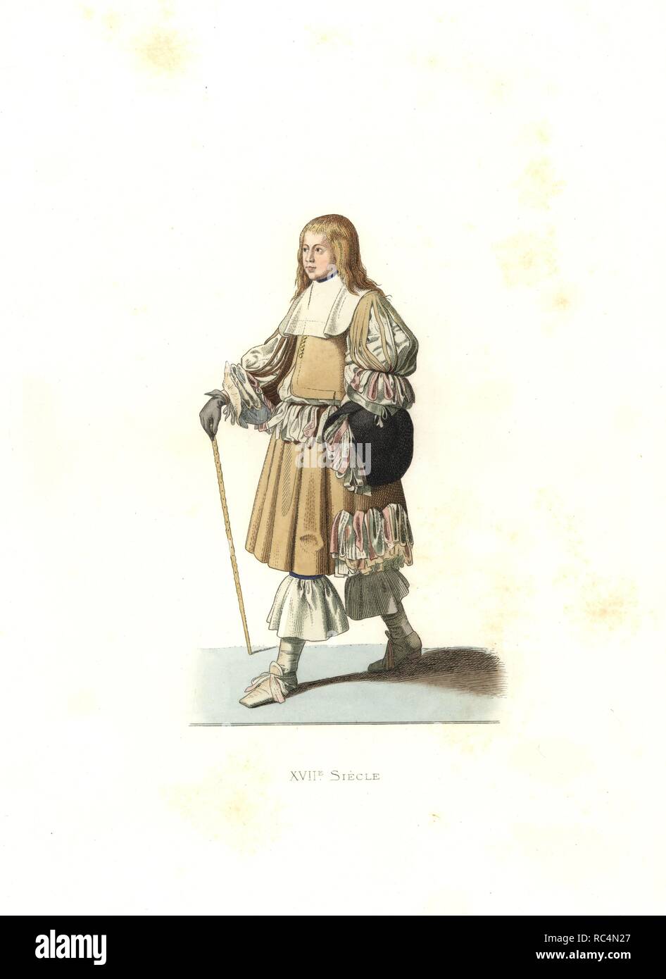 Young adolescent of Holland, 17th century, from a painting by Pierre van Slingelandt in the Louvre. Handcolored illustration by E. Lechevallier-Chevignard, lithographed by A. Didier, L. Flameng, F. Laguillermie, from Georges Duplessis's 'Costumes historiques des XVIe, XVIIe et XVIIIe siecles' (Historical costumes of the 16th, 17th and 18th centuries), Paris 1867. The book was a continuation of the series on the costumes of the 12th to 15th centuries published by Camille Bonnard and Paul Mercuri from 1830. Georges Duplessis (1834-1899) was curator of the Prints department at the Bibliotheque na Stock Photo