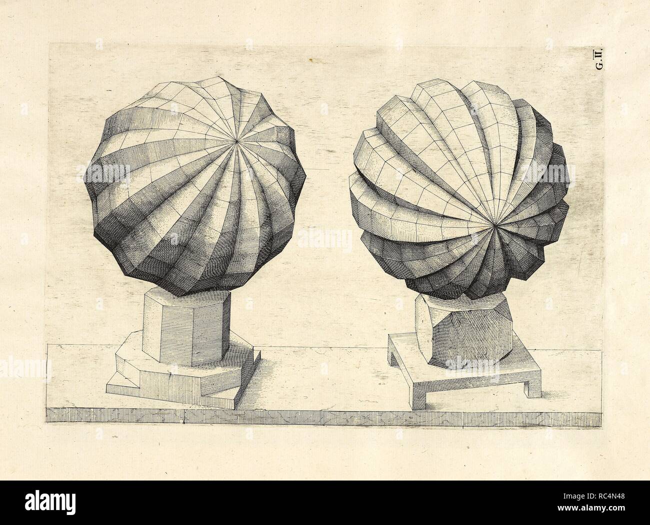 Illustration of sculpture. Pattern book, with objects and classical shapes. In pairs. Geometric designs illustrating Euclidian principles  of geometry. . Perspectiva corporum regularium. Nuremberg. 1568. Wenzel JAMNITZER. Perspectiva corporum regularium. Das ist, ein fleyssige Furweysung, wie die FuÌˆnff Regulirten CoÌˆrper, darvon Plato inn Timaco, unnd Euclides inn sein Elementis schreibt, etc. Durch einen sonderlichen, newen ... weg ... inn die Perspectiua gebracht, Und darzu ein schoÌˆne Anleytung, wie auss denselbigen FuÌˆnff CoÌˆrpern one Endt gar viel andere CoÌˆrper mancherley Art und  Stock Photo