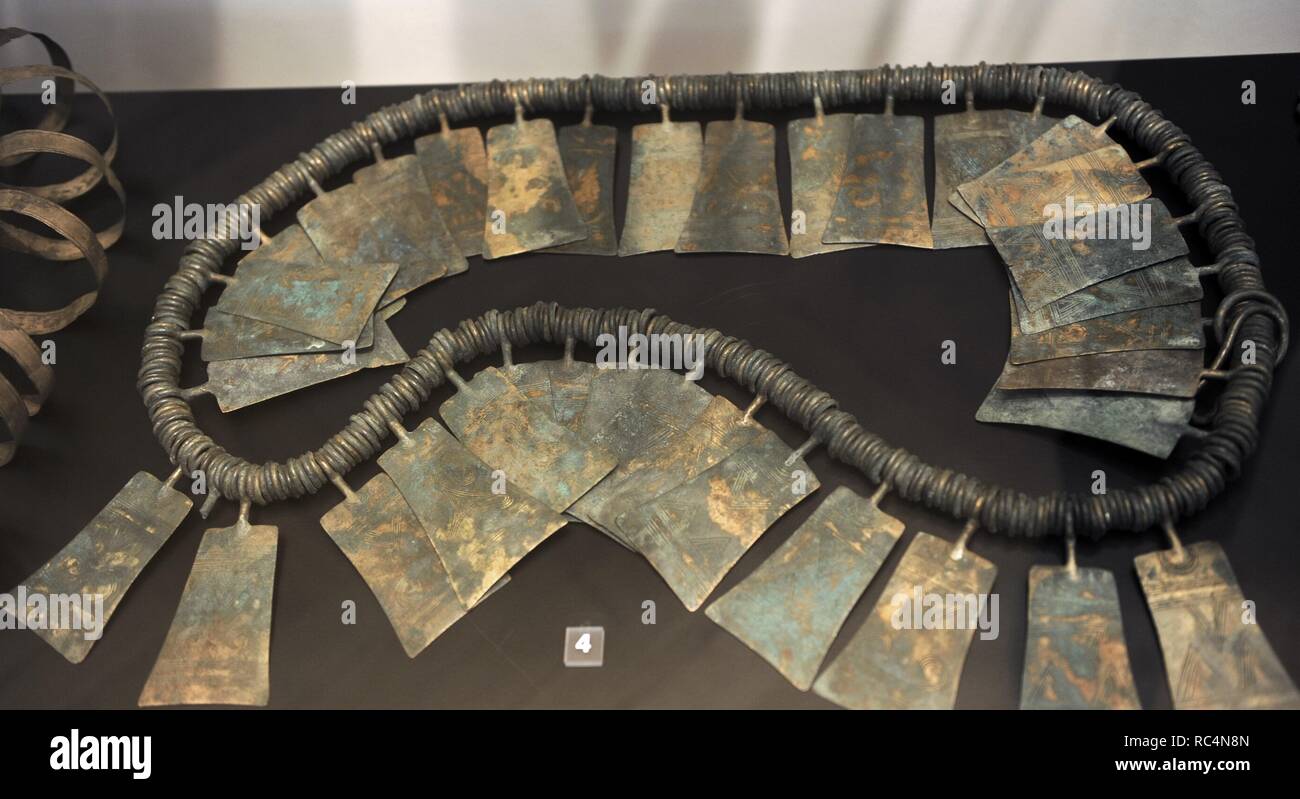 Prehistory. Art. Metal Age. A large belt consisting of many small bronze rings and ornamental plates. Possible horse harness. From a bog at Gerlev, northern Zealand. Denmark. 900-700 BC. National Museum of Denmark. Stock Photo