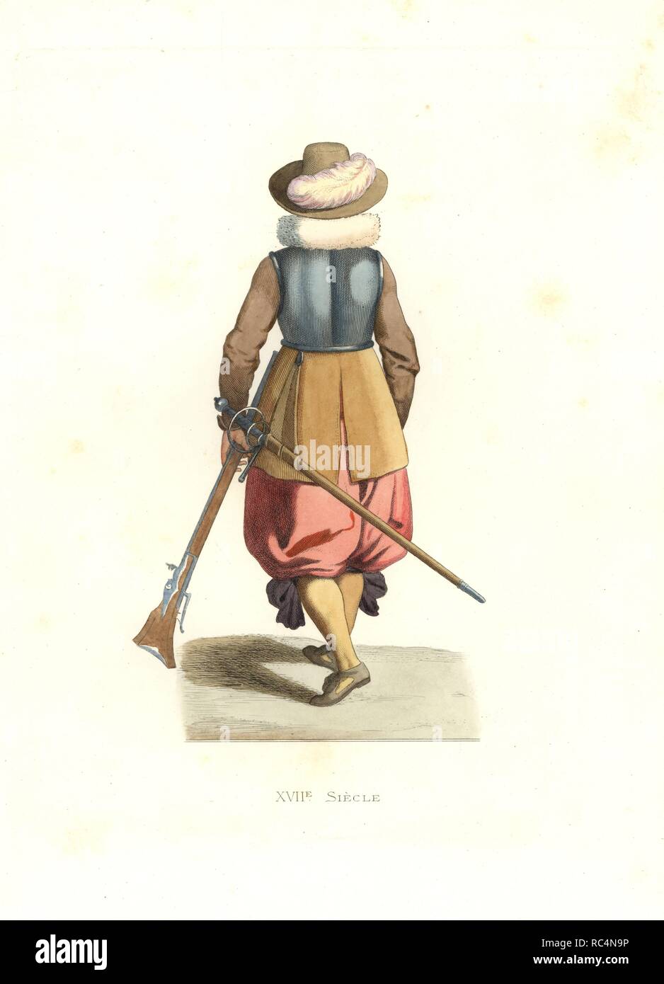 Musketeer from French Flanders, 17th century, from an original painting. Handcolored illustration by E. Lechevallier-Chevignard, lithographed by A. Didier, L. Flameng, F. Laguillermie, from Georges Duplessis's 'Costumes historiques des XVIe, XVIIe et XVIIIe siecles' (Historical costumes of the 16th, 17th and 18th centuries), Paris 1867. The book was a continuation of the series on the costumes of the 12th to 15th centuries published by Camille Bonnard and Paul Mercuri from 1830. Georges Duplessis (1834-1899) was curator of the Prints department at the Bibliotheque nationale. Edmond Lechevallie Stock Photo