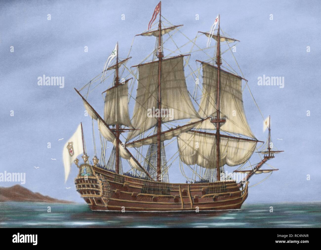 Galleon Saint Lucia. 17th century. The Grand Duke Ferdinand I of Tuscany in 1608 organized an expedition to northern Brazil, commanded by English captain Robert Thornton, to establish colony  in America. Engraving. Colored. Stock Photo