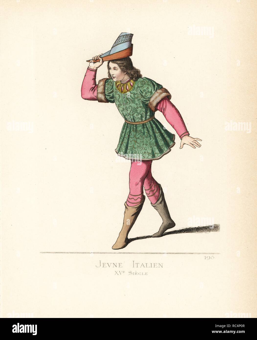 Young Italian man doffing his hat in salute, 15th century. He wears a violet peaked cap, a crimson velvet doublet, green damask tunic with fur trim, crimson stockings and leather boots. From a miniature in the Duke of Urbino's Bible in the Vatican library. Handcoloured illustration drawn and lithographed by Paul Mercuri with text by Camille Bonnard from 'Historical Costumes from the 12th to 15th Centuries,' Levy Fils, Paris, 1861. Stock Photo