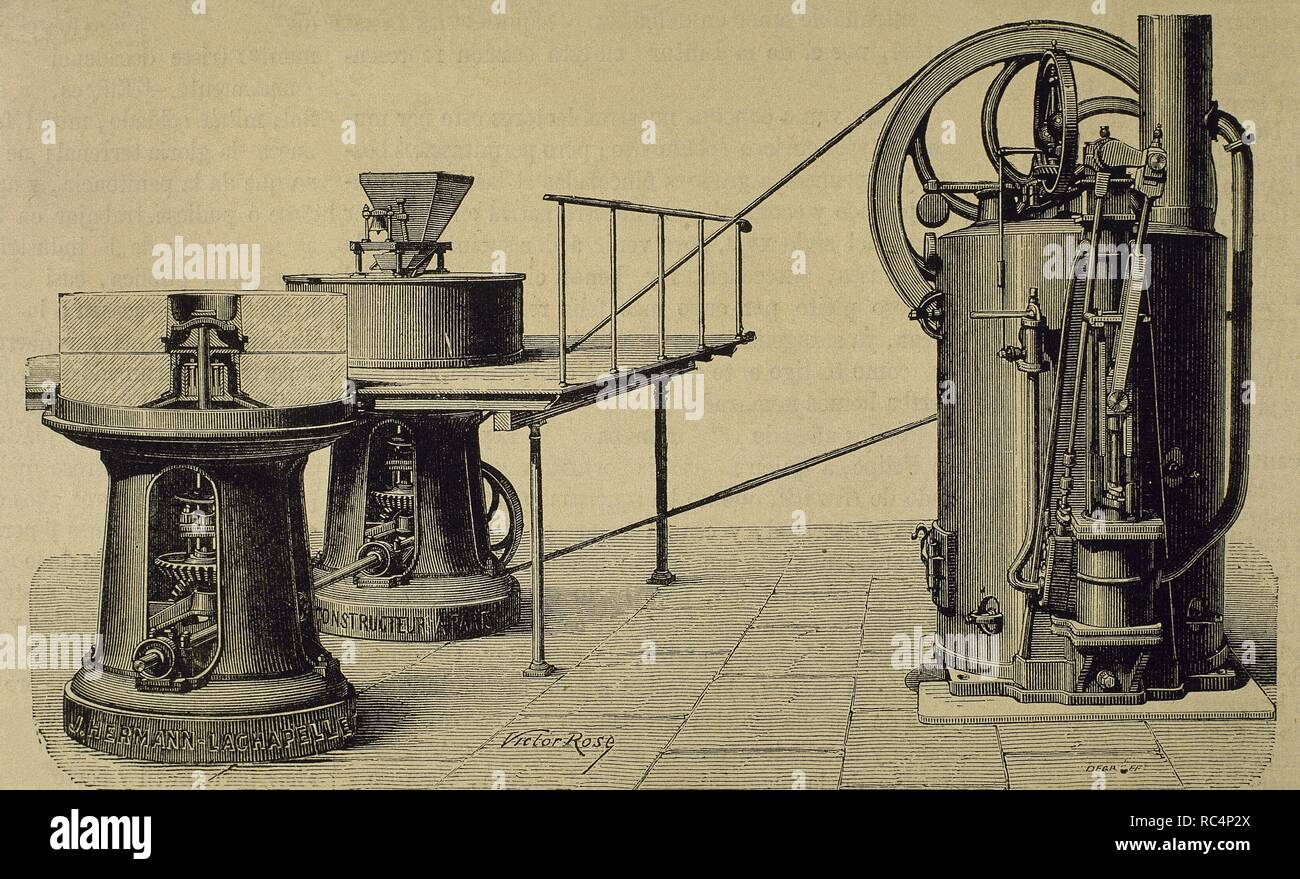 Mill and installation for grinding. Engraving by Decreef. La Ilustracion Espanola y Americana, 1878. Stock Photo