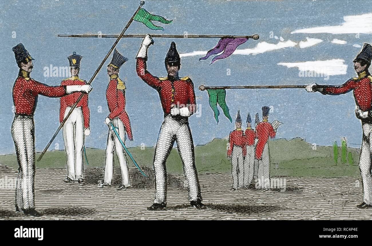 Practical exercises in fencing. Engraving. 19th century. Colored Stock