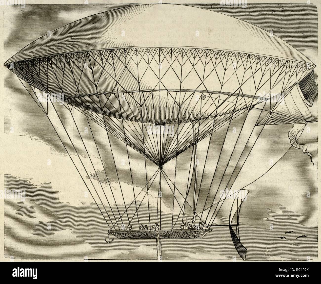 Charles Henri Dupuy de Lome (1816-1885). French naval architect. The airship developed by Dupuy de Lome in 1872. Engraving. 'La Ilustracio n Espan ola y Americana', 1872. Stock Photo