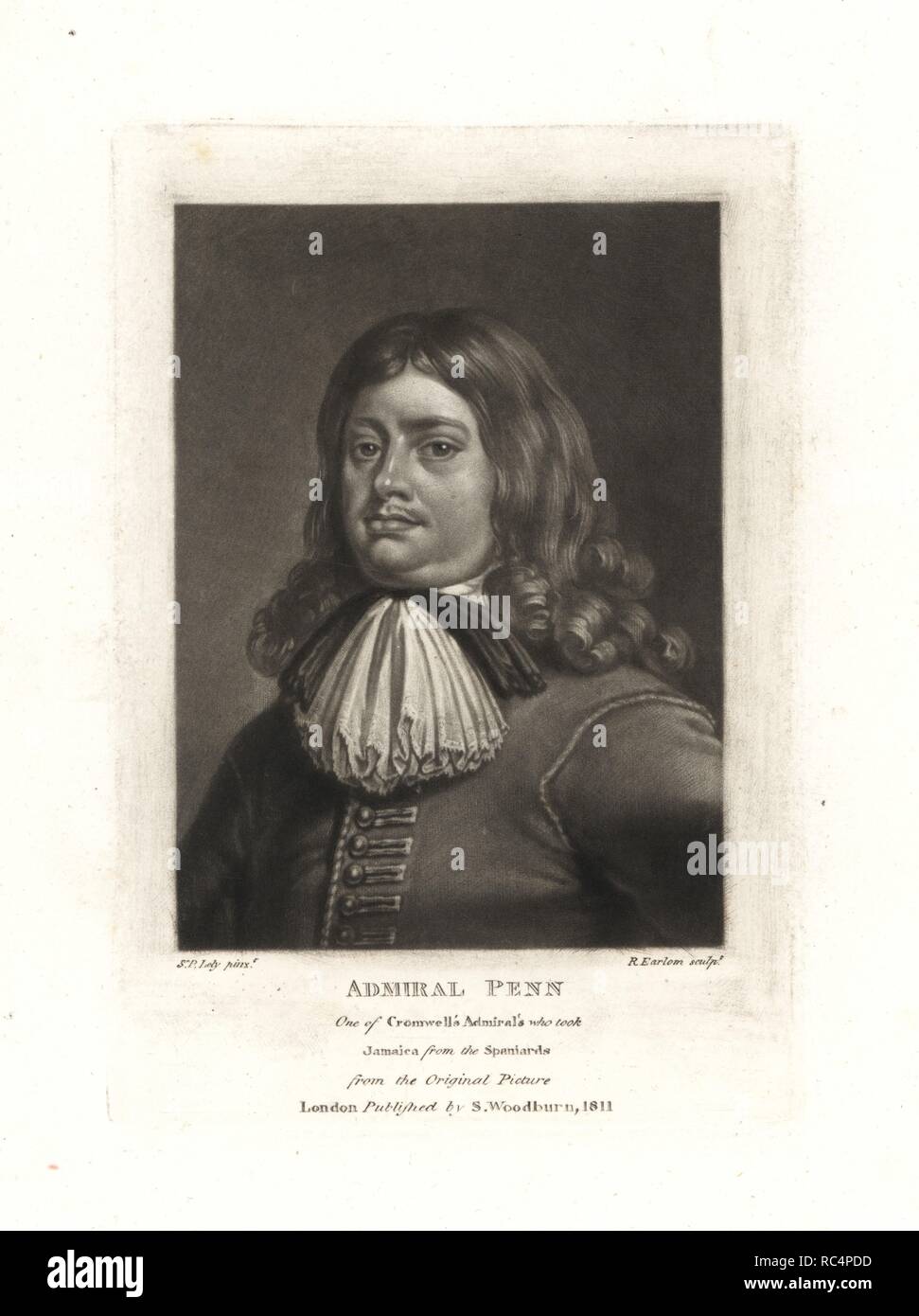 Sir William Penn, admiral for Oliver Cromwell's navy who took Jamaica from the Spanish, father of the founder of Pennsylvania, died 1670. Copperplate mezzotint by Richard Earlom after an original painting by Sir Peter Lely from Samuel Woodburn's Portraits of Characters Illustrious in British History, London, 1810. Stock Photo