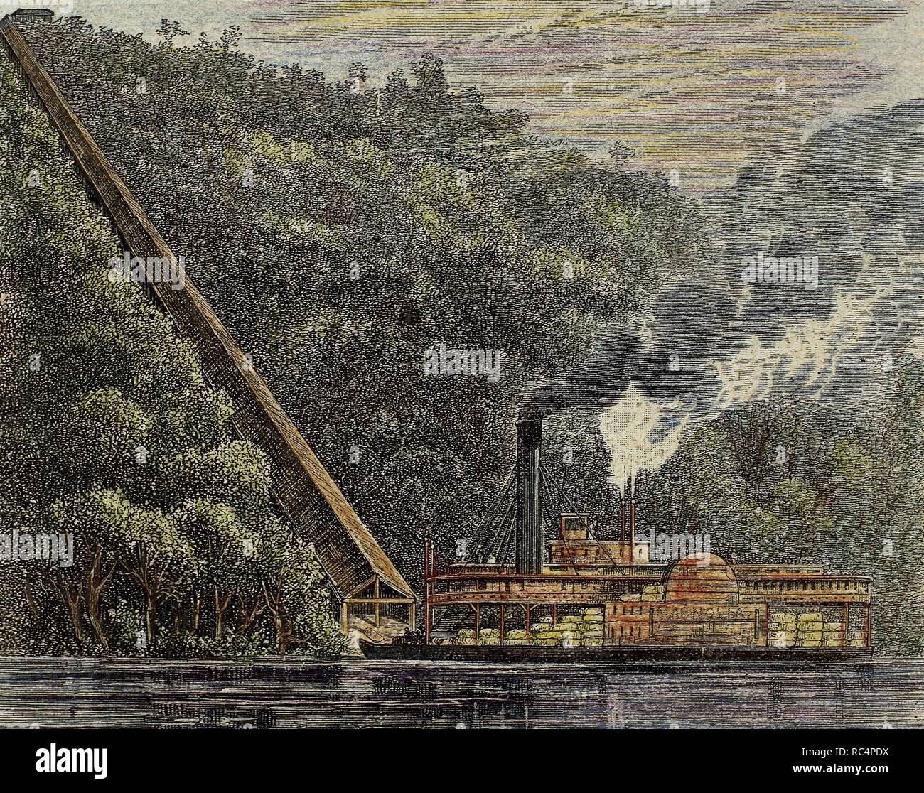 United States. South Carolina. Cotton planting. Steamboat loading up cotton sacks. Colored engraving, 1888. Stock Photo