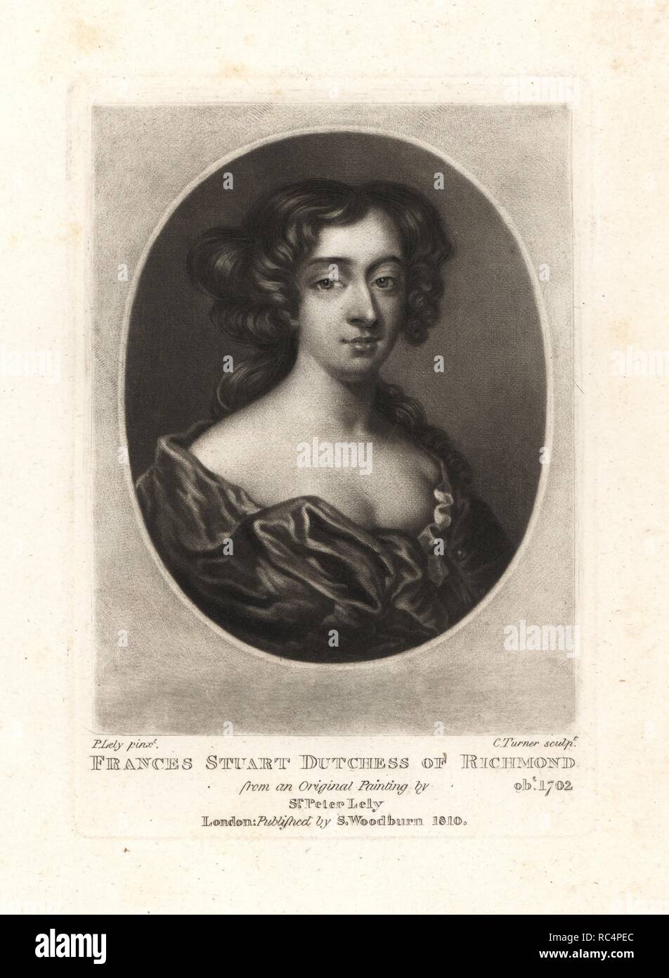 Frances Stuart, Duchess of Richmond, famous beauty at the court of King Charles II, died 1702. Copperplate mezzotint by Charles Turner after an original painting by Sir Peter Lely from Samuel Woodburn's Portraits of Characters Illustrious in British History, London, 1810. Stock Photo