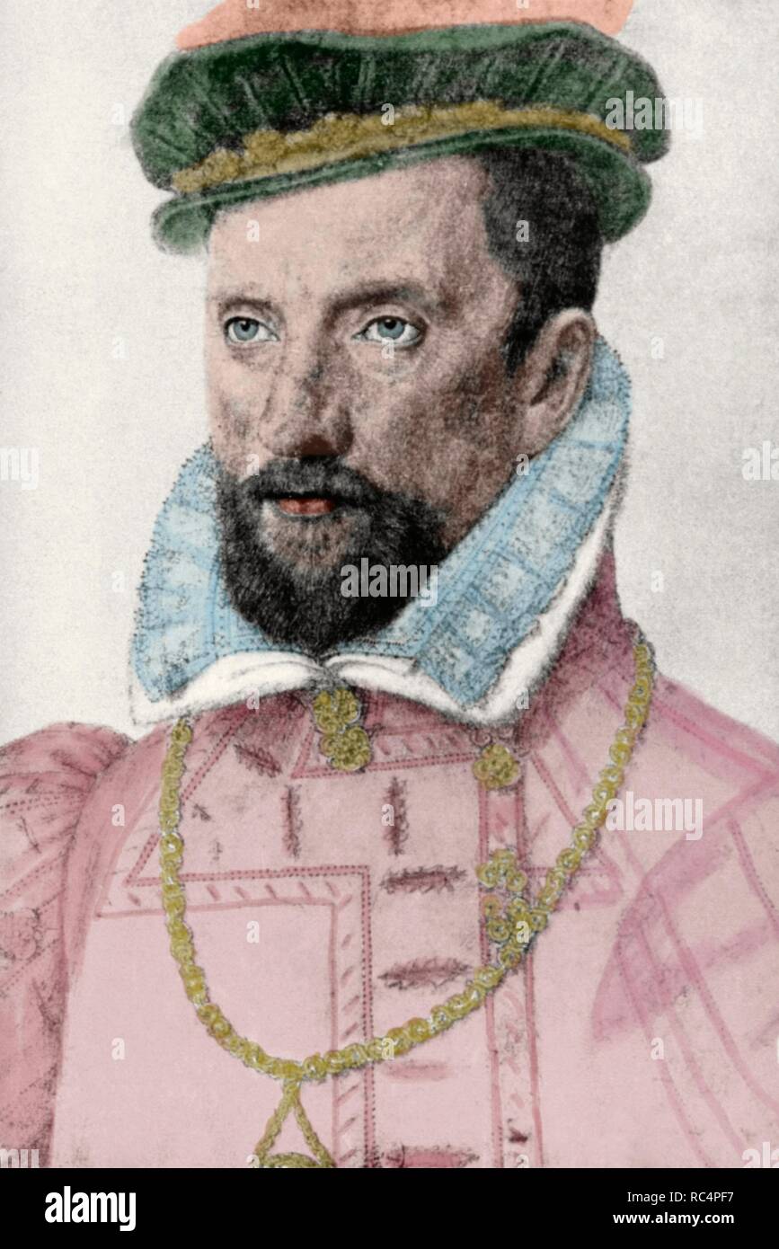 Gaspard II de Coligny (1519-1572).  French nobleman and admiral. Huguenot leader in the French Wars of Religion. Portrait by Francois Clouet. Colored engraving. Stock Photo