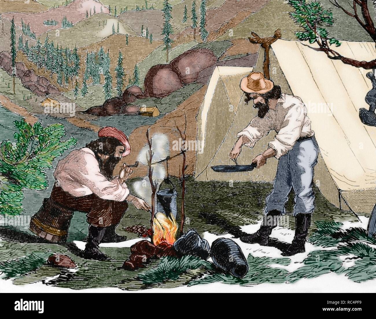 USA. Gold Rush. 19th century. Gold prospectors cook at the camp by