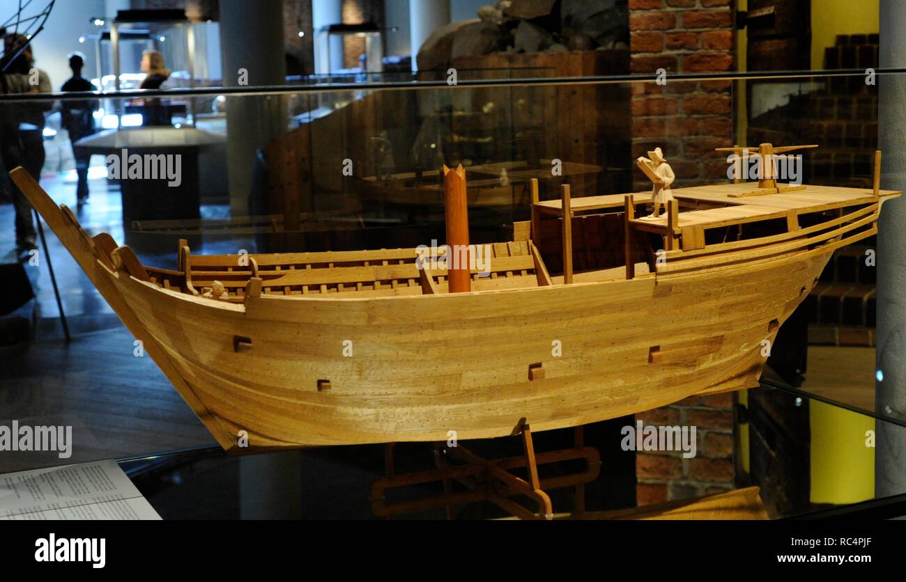 Model of a medieval cog, used for maritime trade of the Hanseatic League. Oak. By Claes Cruckenberg. Scale 1:15. Medieval Museum. Stockholm. Sweden. Stock Photo