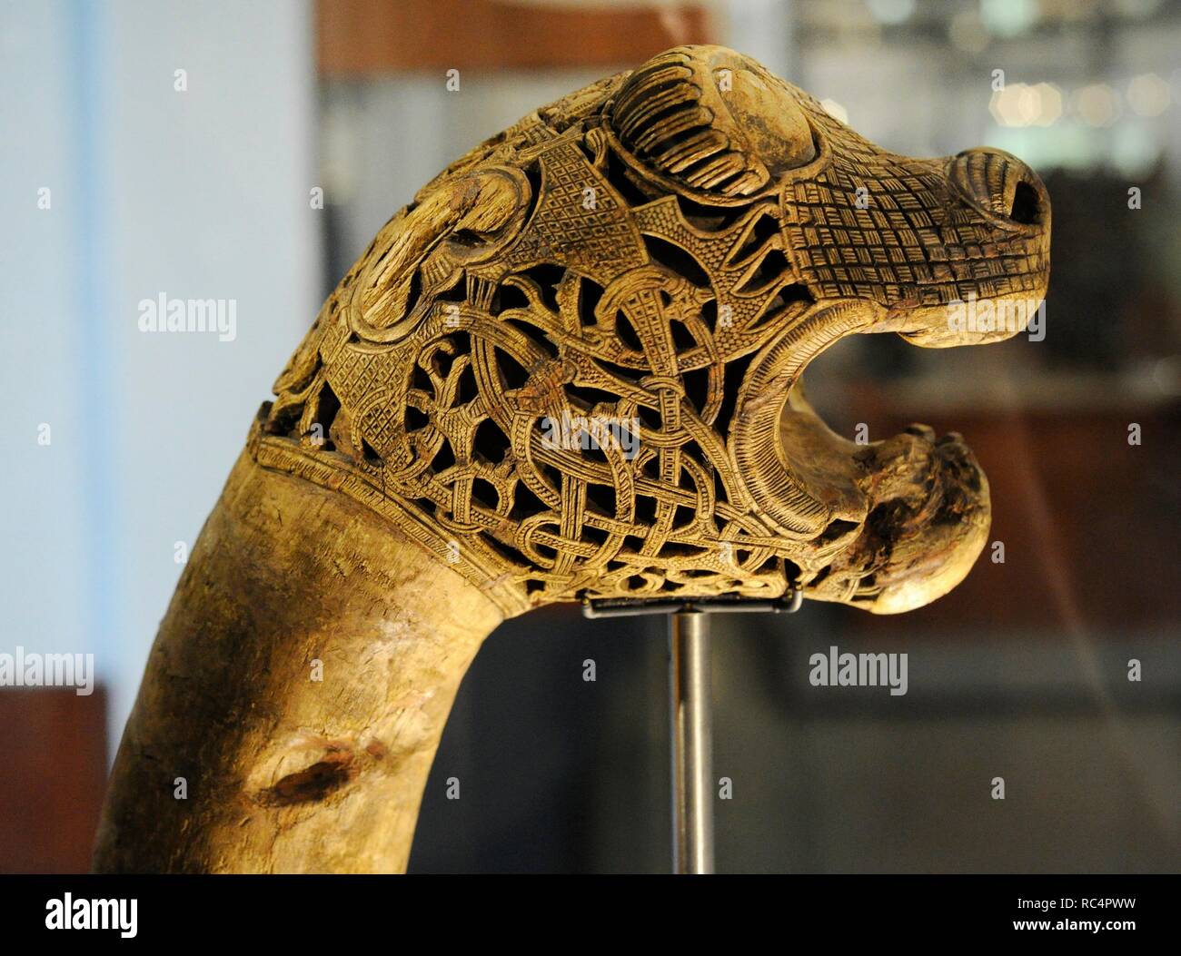 Animalhead post carved in wood. Found in the Tomb of the Boat of