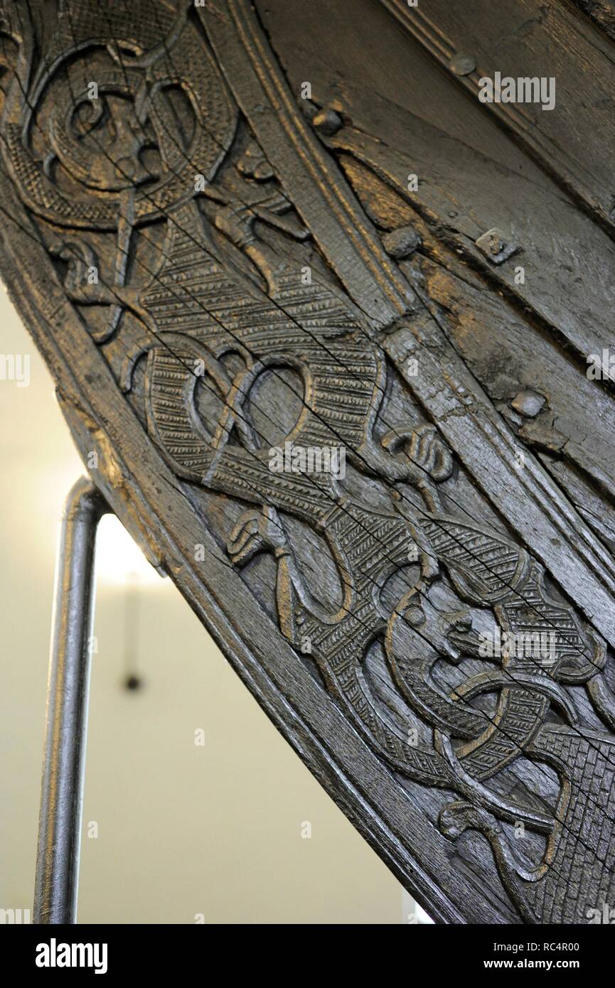 Oseberg Ship. Made in oak wood. 9th century. Detail. Viking Ship Museum