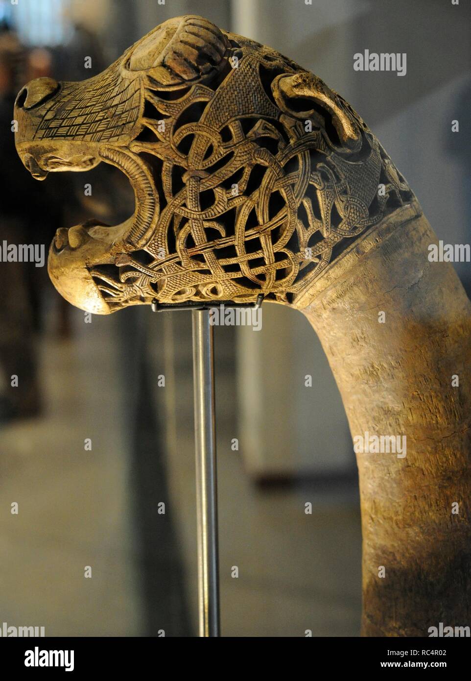 Animal-head post carved in wood. Found in the Tomb of the Boat of Oseberg, Norway. 9th century. Viking Ship Museum. Oslo. Norway. Stock Photo