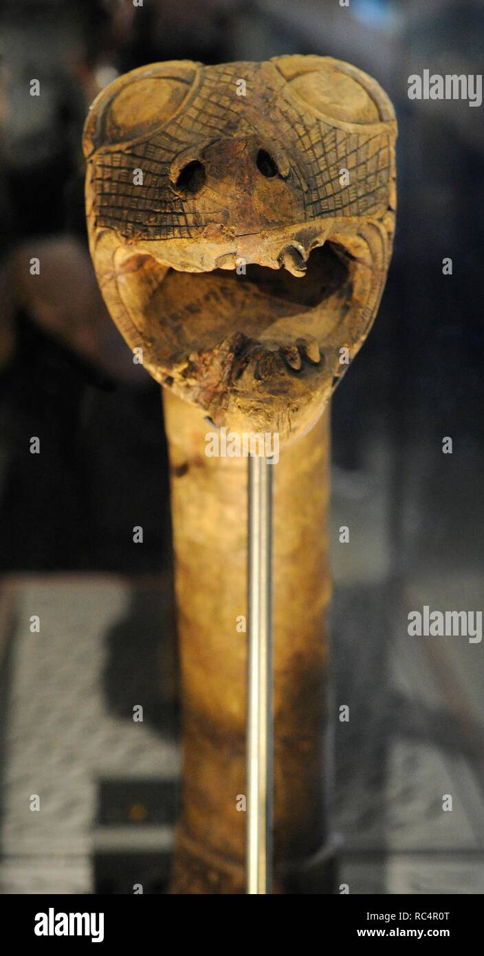 Animalhead post carved in wood. Found in the Tomb of the Boat of