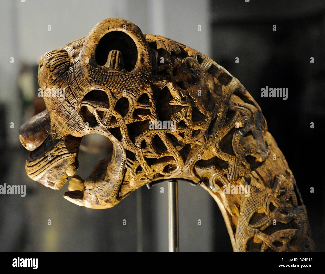 Animalhead post carved in wood. Found in the Tomb of the Boat of