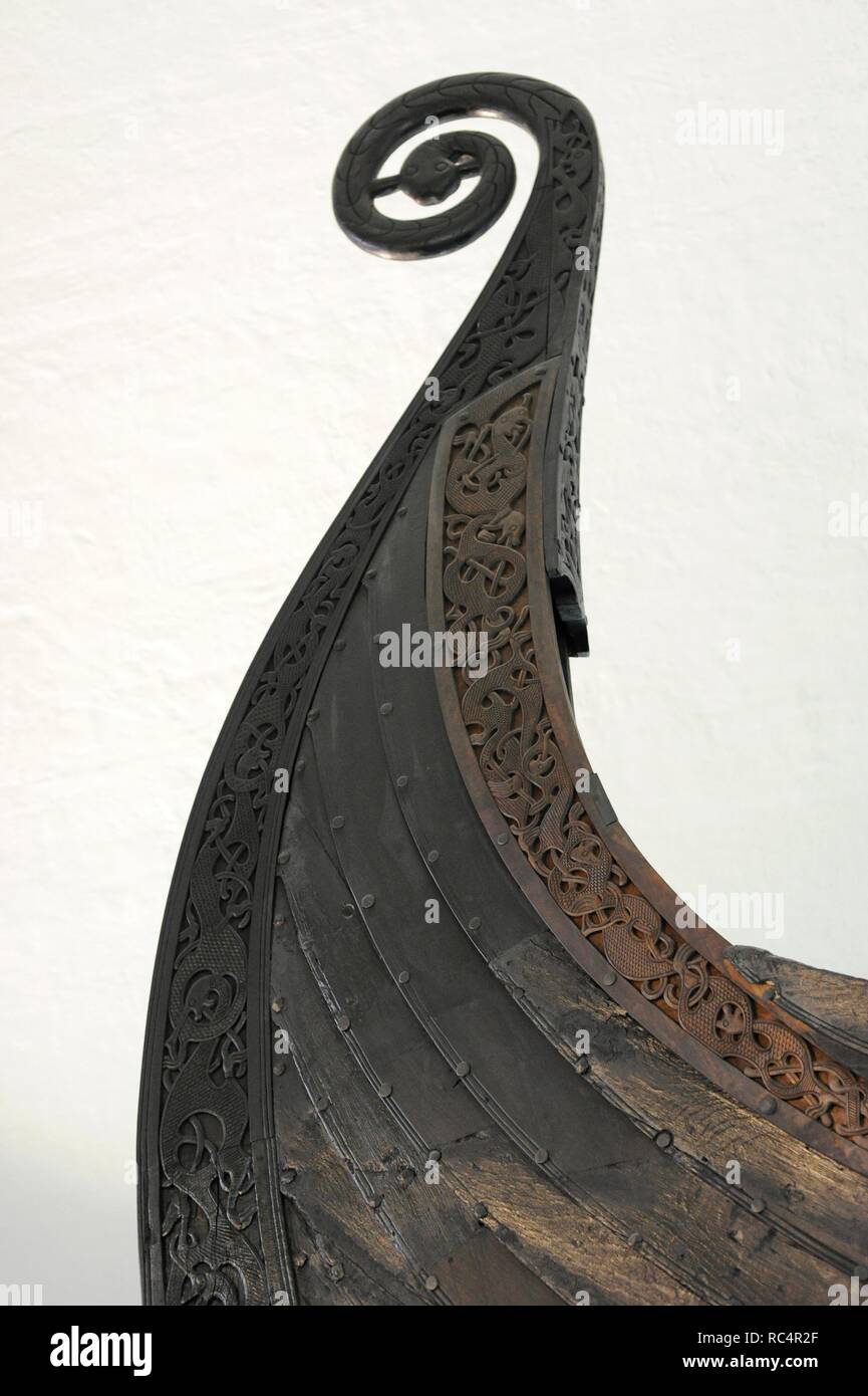 Oseberg Ship. Made in oak wood. 9th century. Detail. Viking Ship Museum