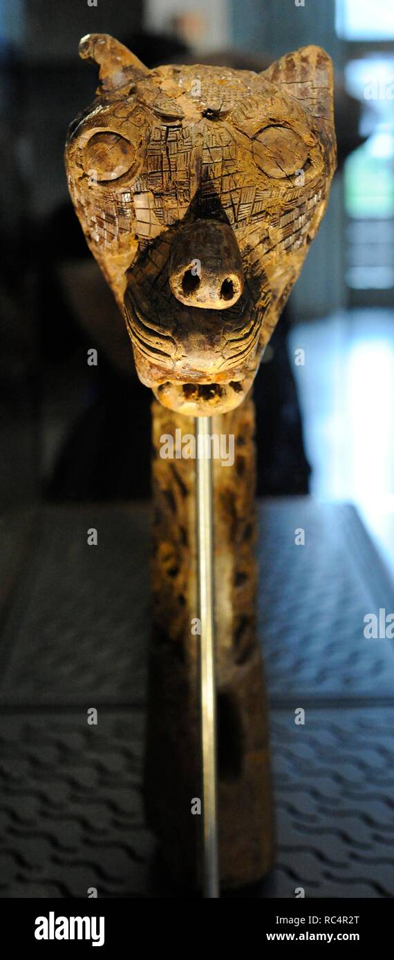 Animalhead post carved in wood. Found in the Tomb of the Boat of