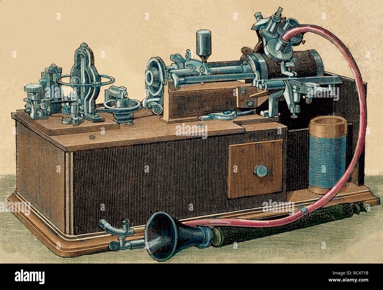 Phonograph invented in 1877 by Thomas Alva Edison (1847-1931).  Engraving, 19th century. Colored. Stock Photo