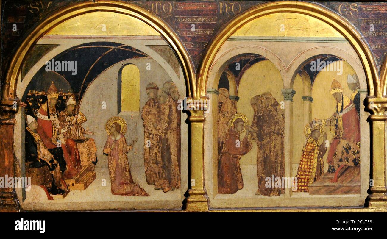 Simone Martini H 1284 1344 Italian Painter Of The Sienese School Saint Louis Of Toulouse Crowning Robert Of Anjou King Of Naples 1317 Detail Of The Predella With Scenes Of The Saint S Life Museum