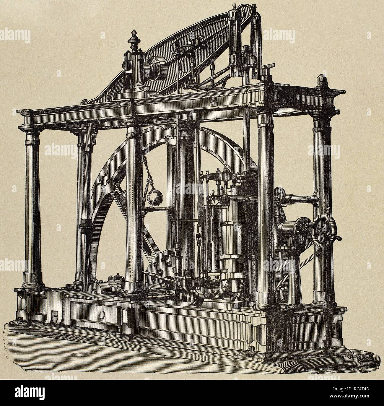 Watt Steam Engine by James Watt (1736-1819). Engraving, 19th century. Stock Photo