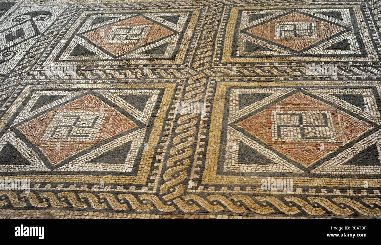 Roman geometric mosaic. 2nd-3rd century AD. Square with swastikas. From Jaume I street, Tarragona. National Archaeological Museum. Tarragona. Catalonia, Spain. Stock Photo