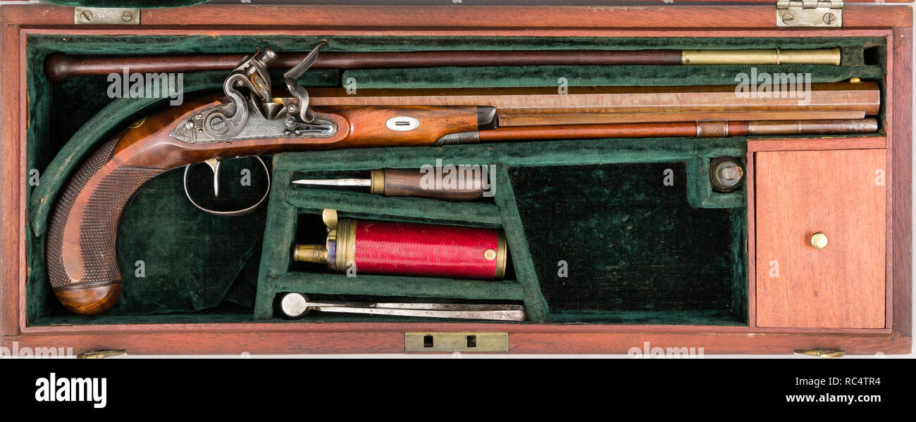 Flintlock Pistol with Case and  Accessories. Culture: British, London. Dimensions: Pistol (a); L. 16 1/8 in. (41 cm); L. of barrel 11 15/16 in. (30.3 cm); Cal. .38 in. (9.6 mm); Wt. 1 lb. 7 oz. (1219 g); powder flask (b); H. 4 1/8 in. (10.5 cm); Wt. 4.8 oz. (136.1 g); cleaning rod (c); L. 15 1/2 in. (39.4 cm); Wt. 1.3 oz. (36.9 g); bullet mould (d); L. 4 13/16 (12.2 cm); Cal. .36 in (9.3 mm); Wt. 1.5 oz. (42.5 g); screwdriver (e); L. 3 15/16 in. (10 cm); Wt. 0.8 oz. (22.7 g); glass bottle (f); H. 1 1/2 in. (3.8 cm); Wt. 0.5 oz. (14.2 g); case (g); H. 2 5/8 in. (6.7 cm); W. 17 1/2 in. (44.5 cm) Stock Photo