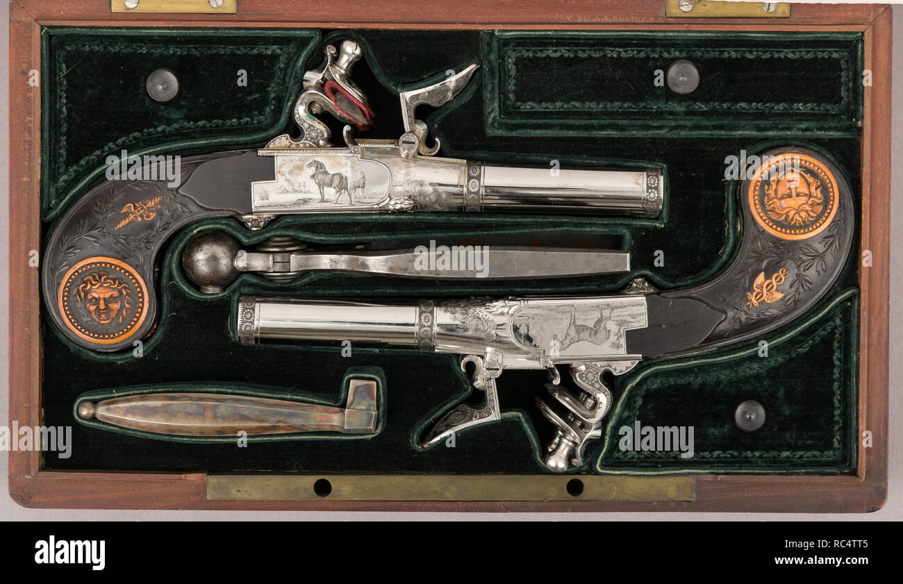 Cased Pair of Double-Barreled Turn-Off Flintlock Pistols. Culture: French, Paris. Dimensions: L. of each pistol 8 in. (20.3 cm); L. of each barrel 3 7/8 in. (9.8 cm); Cal. of each .46 in. (11.7 mm); Wt. of each pistol 1 lb. 5 oz. (600 g); bullet mould (28.196.6a); L. 5 3/4 in. (14.6 cm); Wt. 4.3 oz. (121.9 g); wrench (28.196.6b); L. 3 7/8 in. (9.8 cm); Wt. 2.6 oz. (73.7 g); case (28.196.6c); H. 3 7/16 in. (8.7 cm); W. 11 1/2 in. (29.2 cm); D. 6 7/8 in. (17.5 cm); Wt. 2 lb. 15 oz. (1332.4 g). Engraver: Possibly Fleury Montagny (French, born St. Étienne, February 4, 1760-died 1836, Marseilles).  Stock Photo
