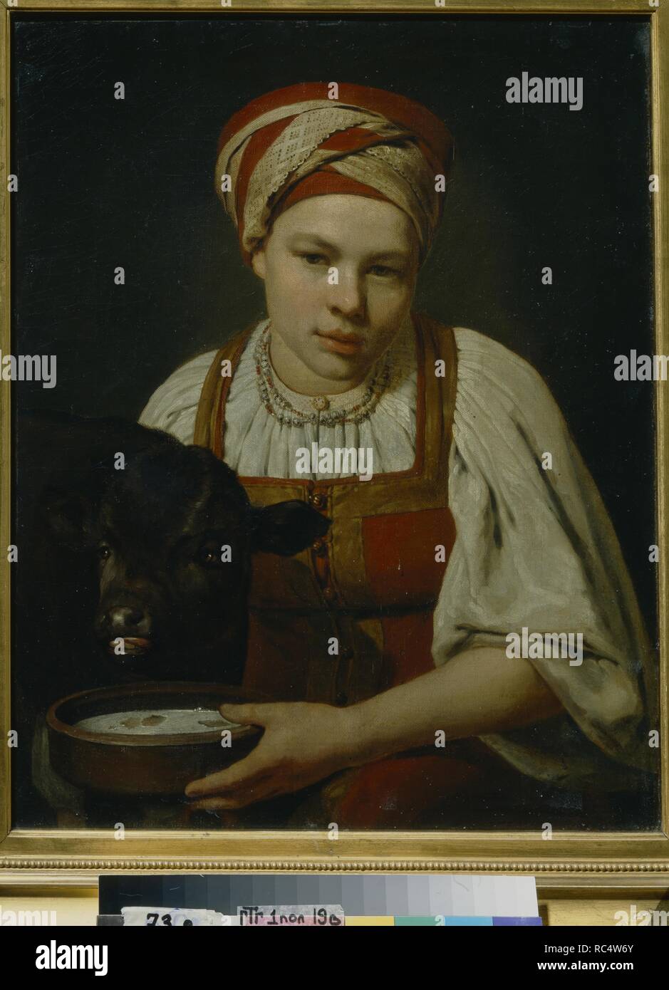 A Peasant Girl with a Calf. Museum: State Tretyakov Gallery, Moscow. Author: Venetsianov, Alexei Gavrilovich. Stock Photo