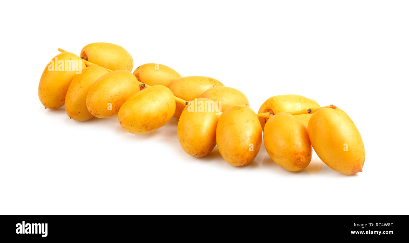 Bunch of yellow raw date fruit or medjool dates (Phoenix dactylifera) from the palm tree isolated on white background. Stock Photo