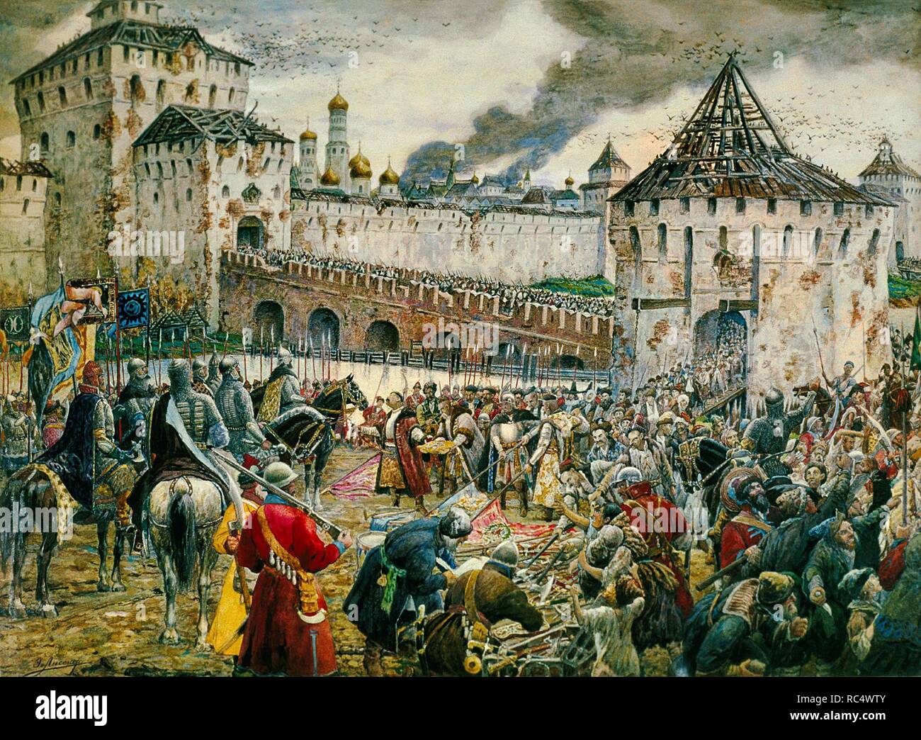 The expulsion of Polish invaders from the Moscow Kremlin in 1612. Museum: State History Museum, Moscow. Author: Lissner, Ernest Ernestovich. Stock Photo