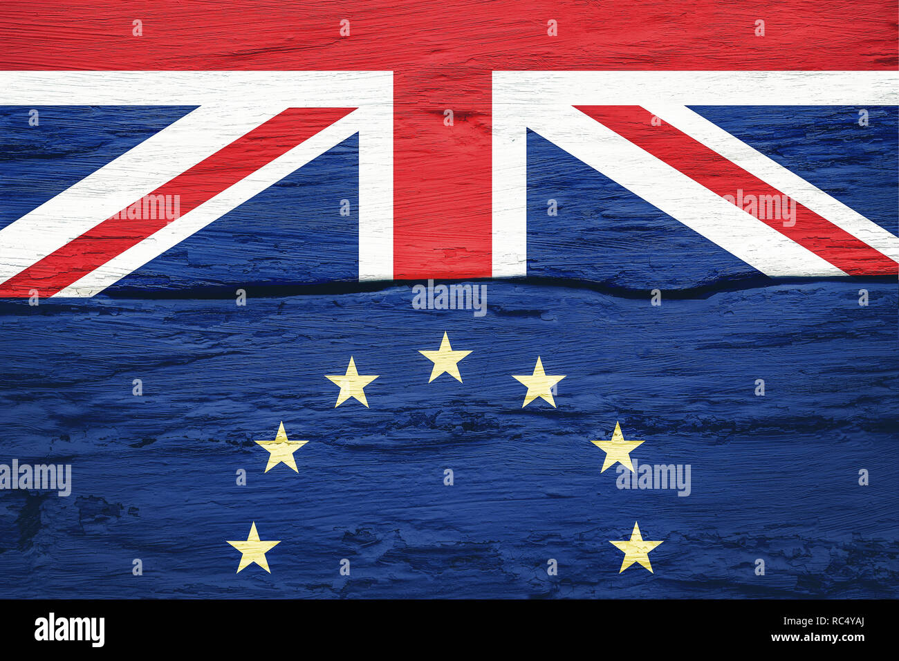 Brexit concept. Flags of the United Kingdom and the European Union on cracked grunge wall background. Possible exit of Great Britain from the EU. Stock Photo