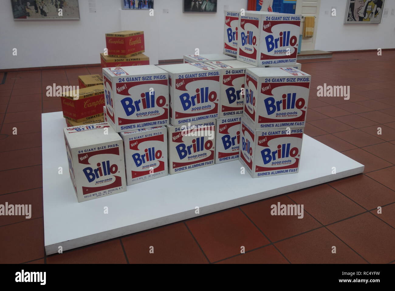 Andy Warhol Brillo Soap Pad boxes on display in the Pop Art room of Museum Ludwig in Cologne. Stock Photo