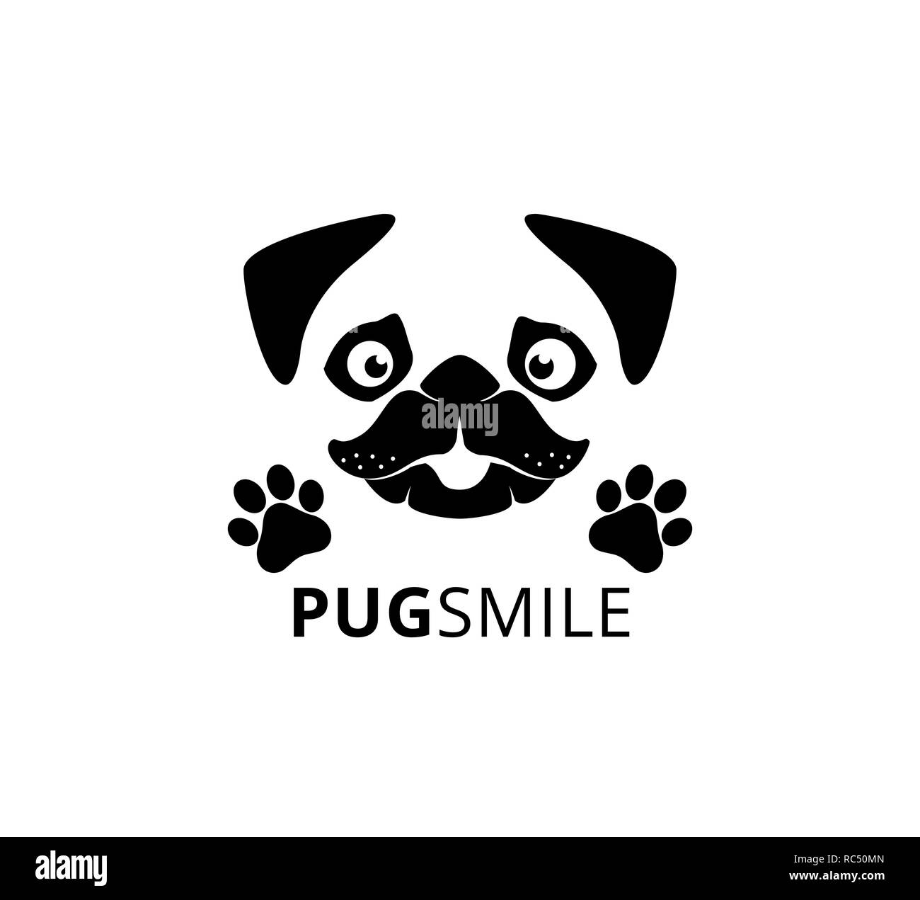 happy smile pug dog face with paw vector graphic design template Stock Photo