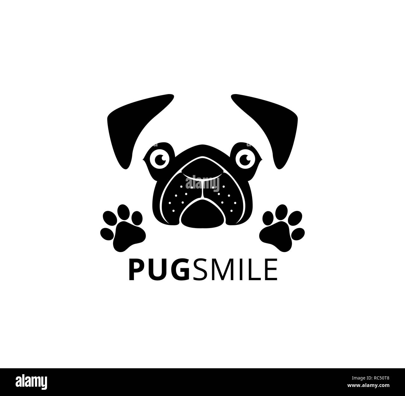 happy smile pug dog face with paw vector graphic design template Stock Photo