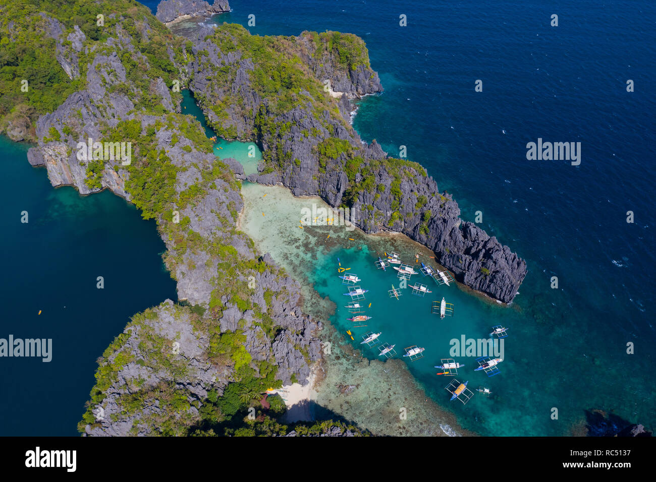 Aerial view taken with a drone of small Lagoon,Miniloc Island,El Nido,Palawan,Philippines Stock Photo