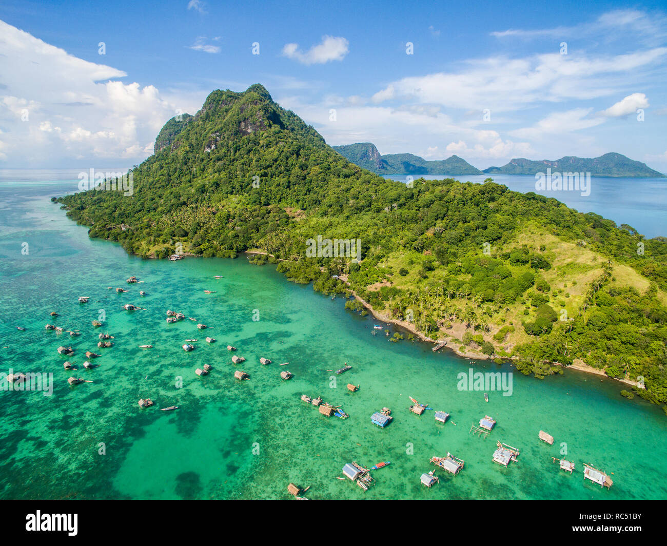Beautiful aerial view borneo sea gypsy water village in Mabul Bodgaya Island, Malaysia. Stock Photo