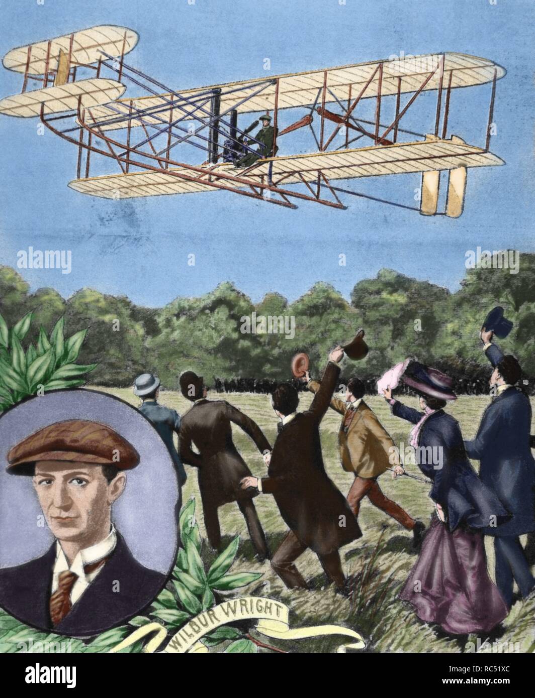 Wilbur Wright (1867-1912). American aviator. With his brother is credited with inventing and building the world's first successful airplane. Plane flying over the field Anvours (France) at a speed of 80 km / h. 1908. Colored engraving. Stock Photo