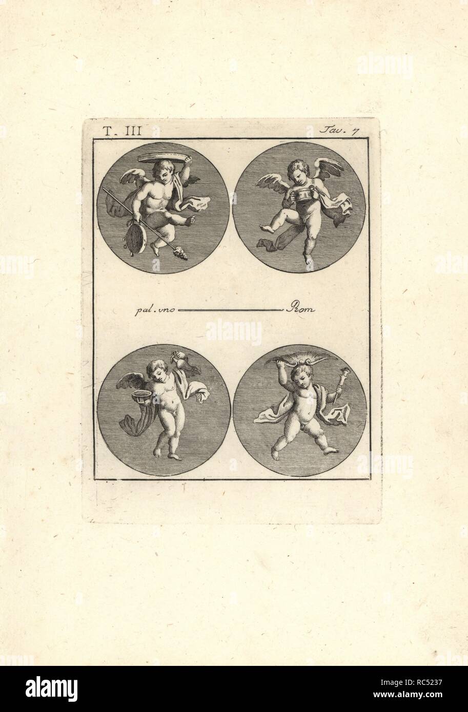 Four putti with symbols of Bacchus: dancer with thyrsus and cembalo, putto with two-handled vase, putto with vase and basin of water and wine, and putto with scepter and basin of Venus. Copperplate engraving by Tommaso Piroli from his Antiquities of Herculaneum (Antichita di Ercolano), Rome, 1790. Stock Photo