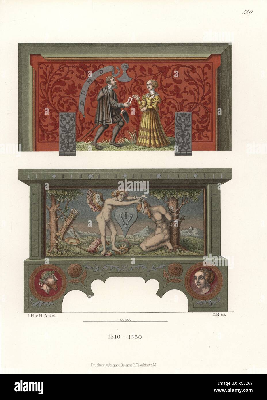 Wooden jewelry box from the early 16th century. The allegorical paintings on the inner lid and front show Renaissance images of love. A man presents a woman with a playing card of hearts above, and Venus vanquishes Mars below. In the collection of a Nuremberg museum. Chromolithograph from Hefner-Alteneck's 'Costumes, Artworks and Appliances from the Middle Ages to the 17th Century,' Frankfurt, 1889. Illustration by Dr. Jakob Heinrich von Hefner-Alteneck, lithographed by C. Regnier. Dr. Hefner-Alteneck (1811-1903) was a German museum curator, archaeologist, art historian, illustrator and etcher Stock Photo