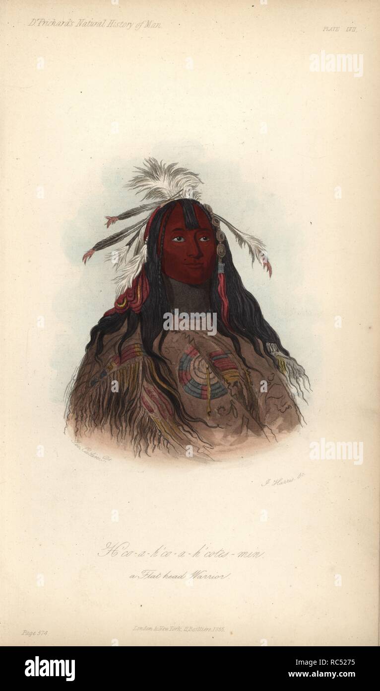 H'co-a-h'co-a-h'cotes-min, Rabbit Skin Leggings, Flathead warrior of the Nez Perce. Handcoloured lithograph by J. Harris after a painting by George Catlin from James Cowles Prichard's Natural History of Man, Balliere, London, 1855. Stock Photo
