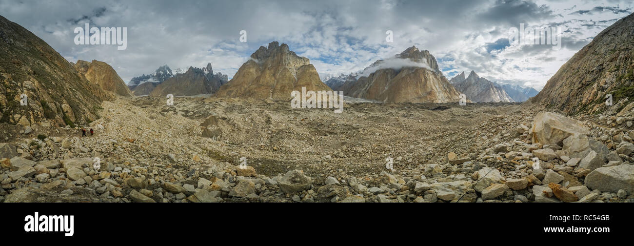 Panoramic view of majestic mountain peaks surrounding Baltoro Glacier 