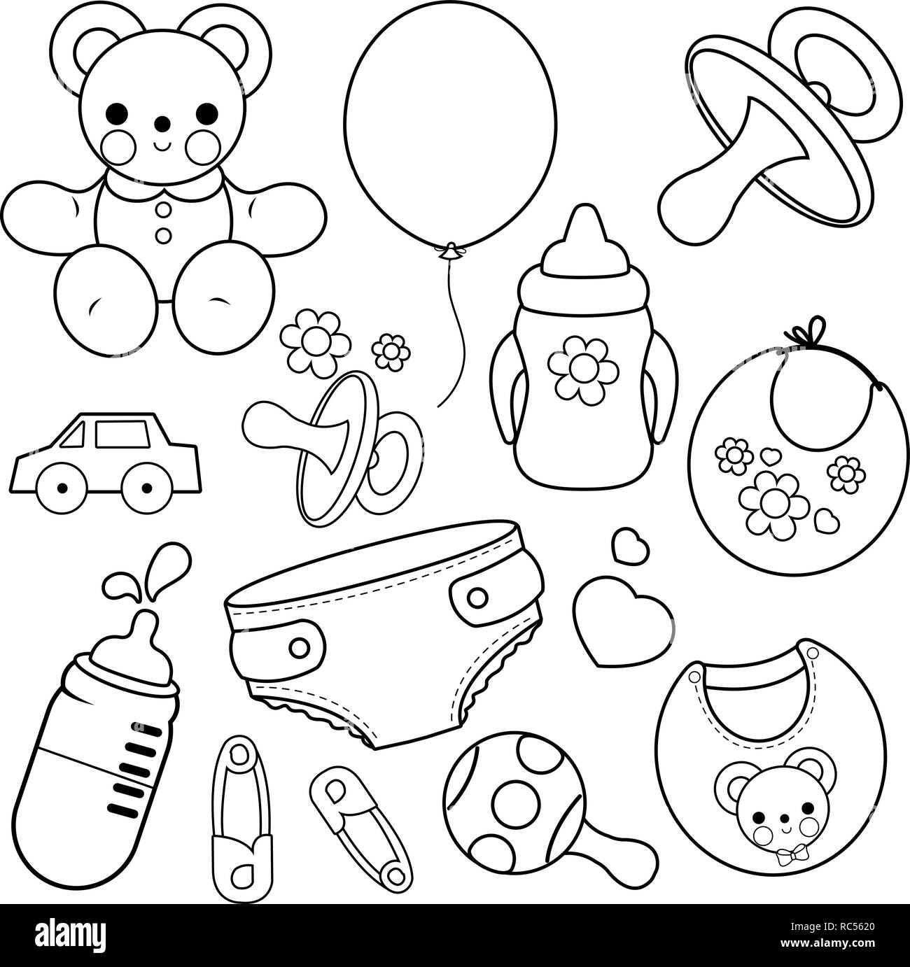 Baby girl and baby boy accessories. Vector black and white coloring