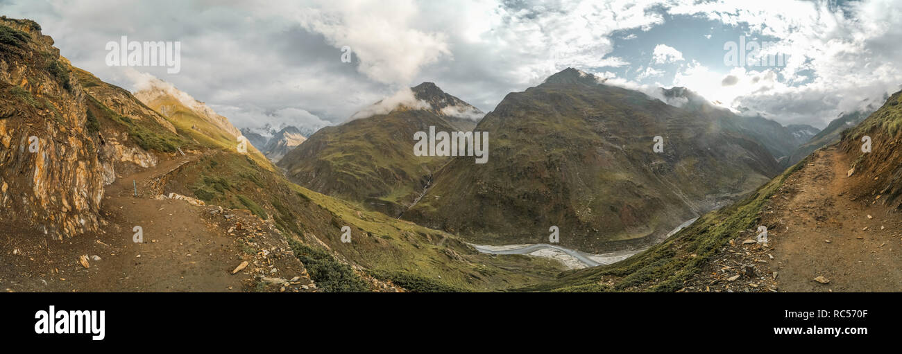 Panoramic view of hiking trail leading to sacred Amarnath cave in ...