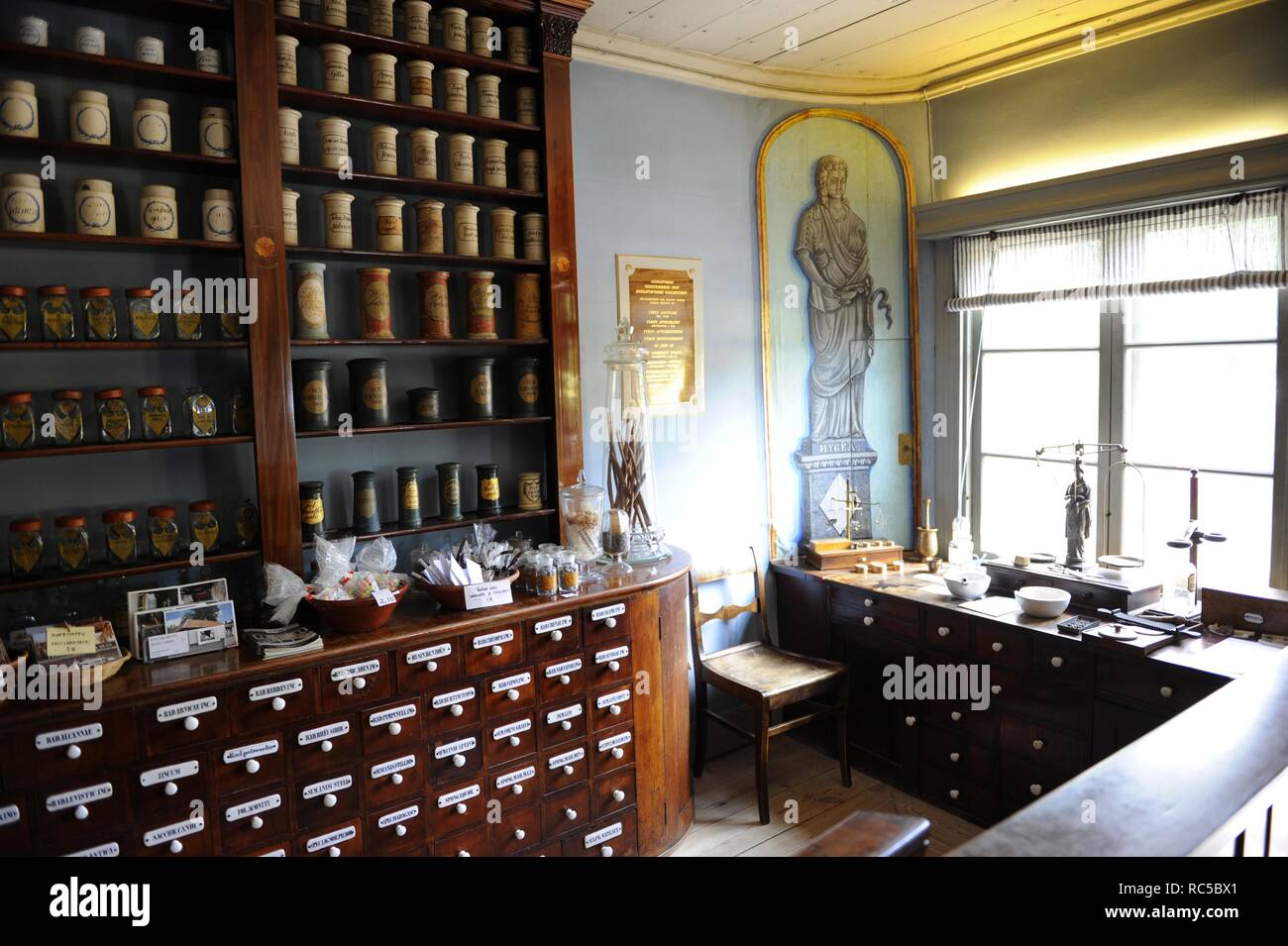 Finland. Turku. Pharmacy Museum and the Qwensel house, built in the 1700s in an area reserved for the nobility. A pharmacy from the 19th century has been furnished in the shop wing of the building. Collection of pharmacy utensils on display and old laboratory. Stock Photo