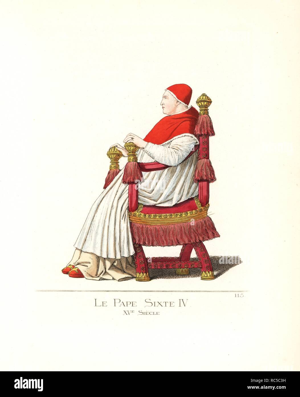 Pope Sixtus IV, (1414-1484), seated on a throne. He wears a bonnet and  almuce in red wool trimmed with ermine, linen rochet, and a cassock of  white wool. From a painting by