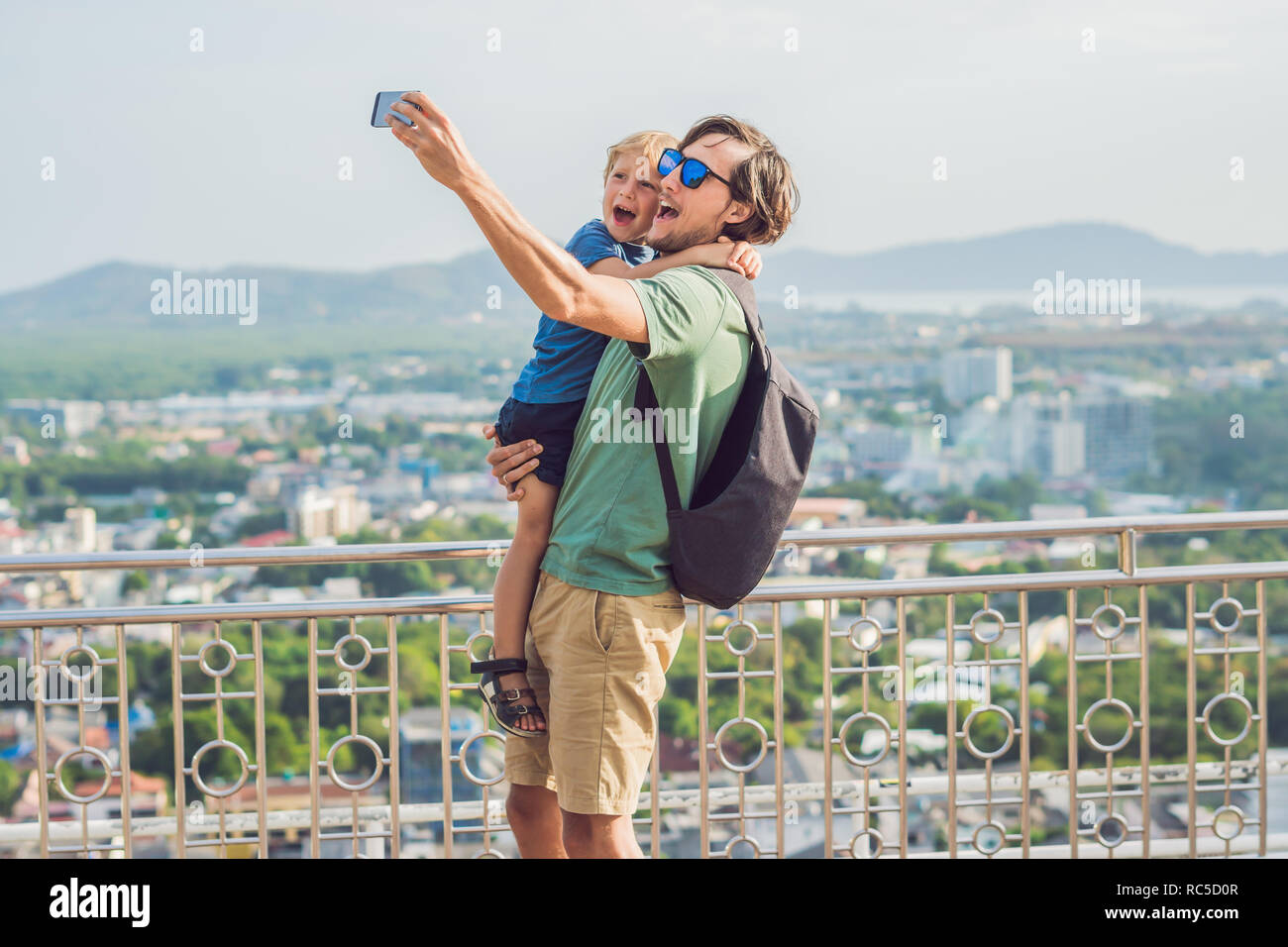 Father and son on High view from Phuket View Point Rang Hill in Phuket Thailand Stock Photo