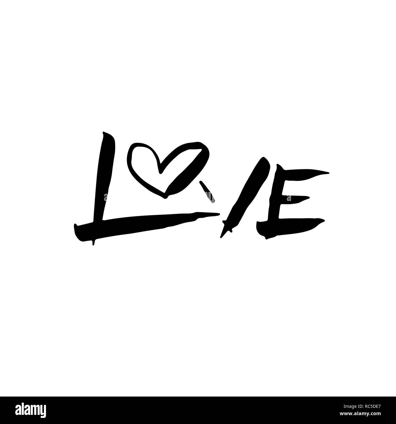 Love. Handdrawn calligraphy for Valentines day. Ink heart illustration. Modern dry brush lettering. Vector illustration. Stock Vector