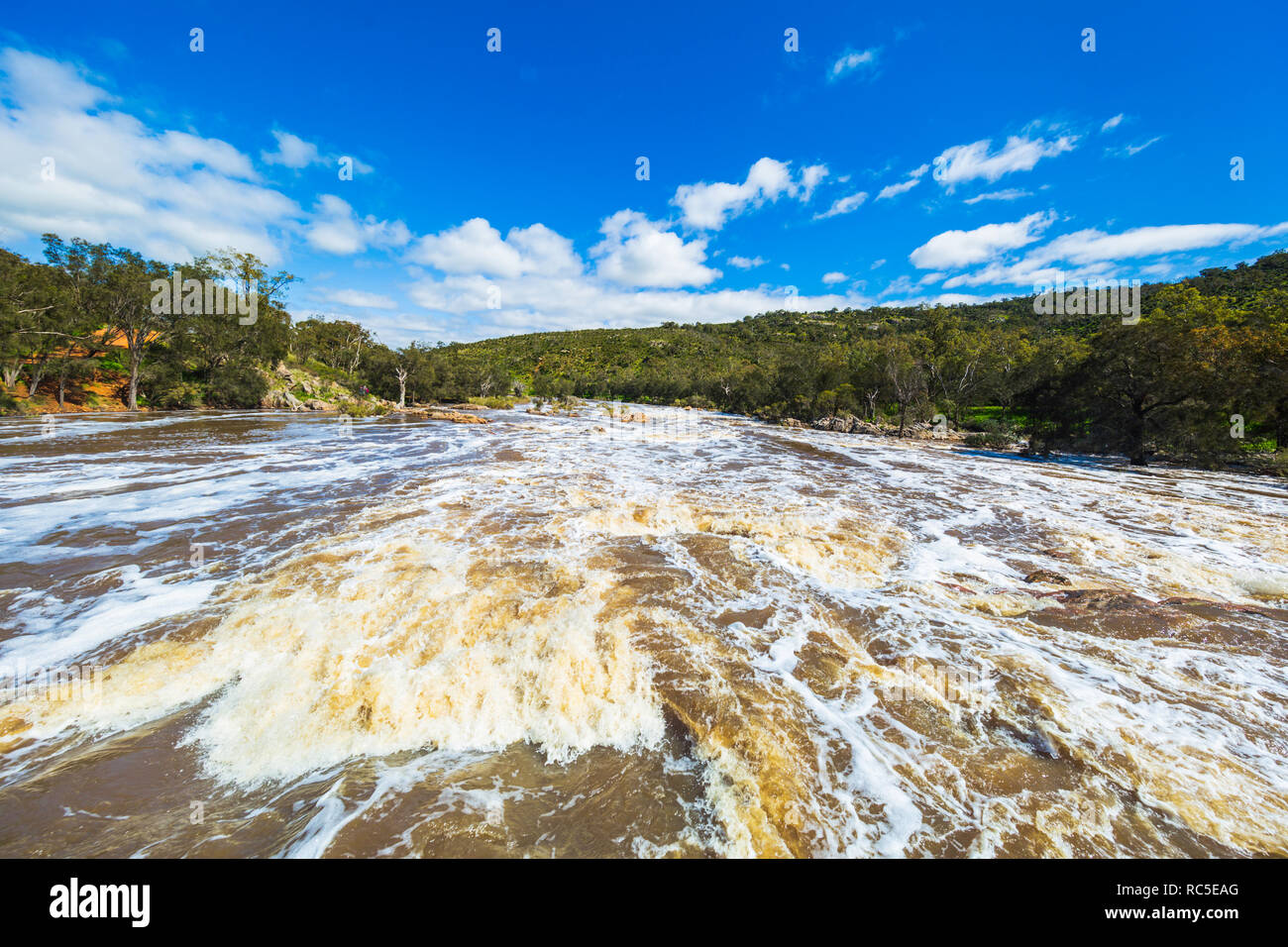 The Swan River in full flow at Bells Rapids after very heavy rain Stock Photo