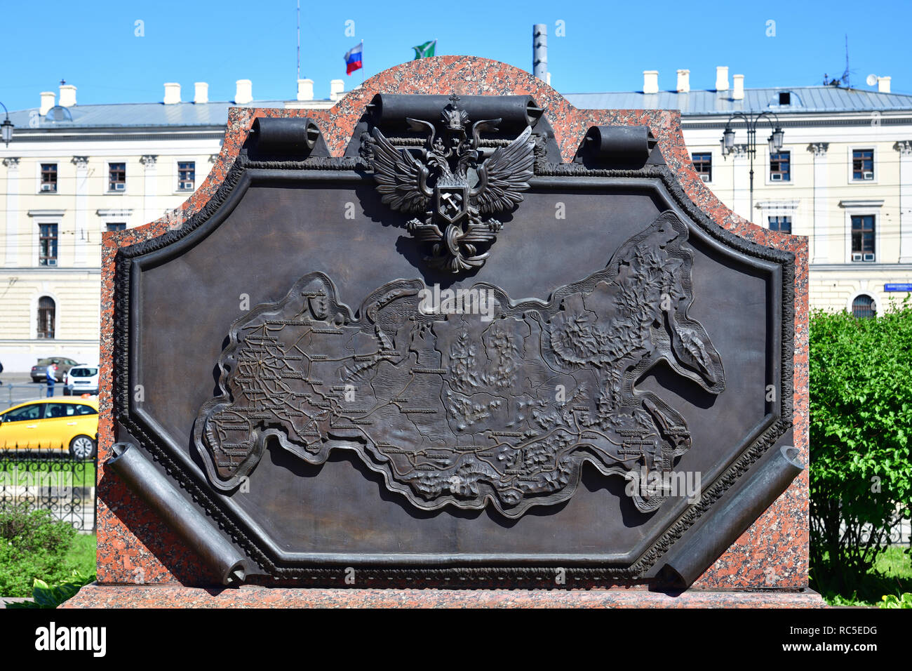 Moscow, Russia - May 21, 2018. Bas-relief with map of railway stations of Russia on Komsomolskaya Square Stock Photo